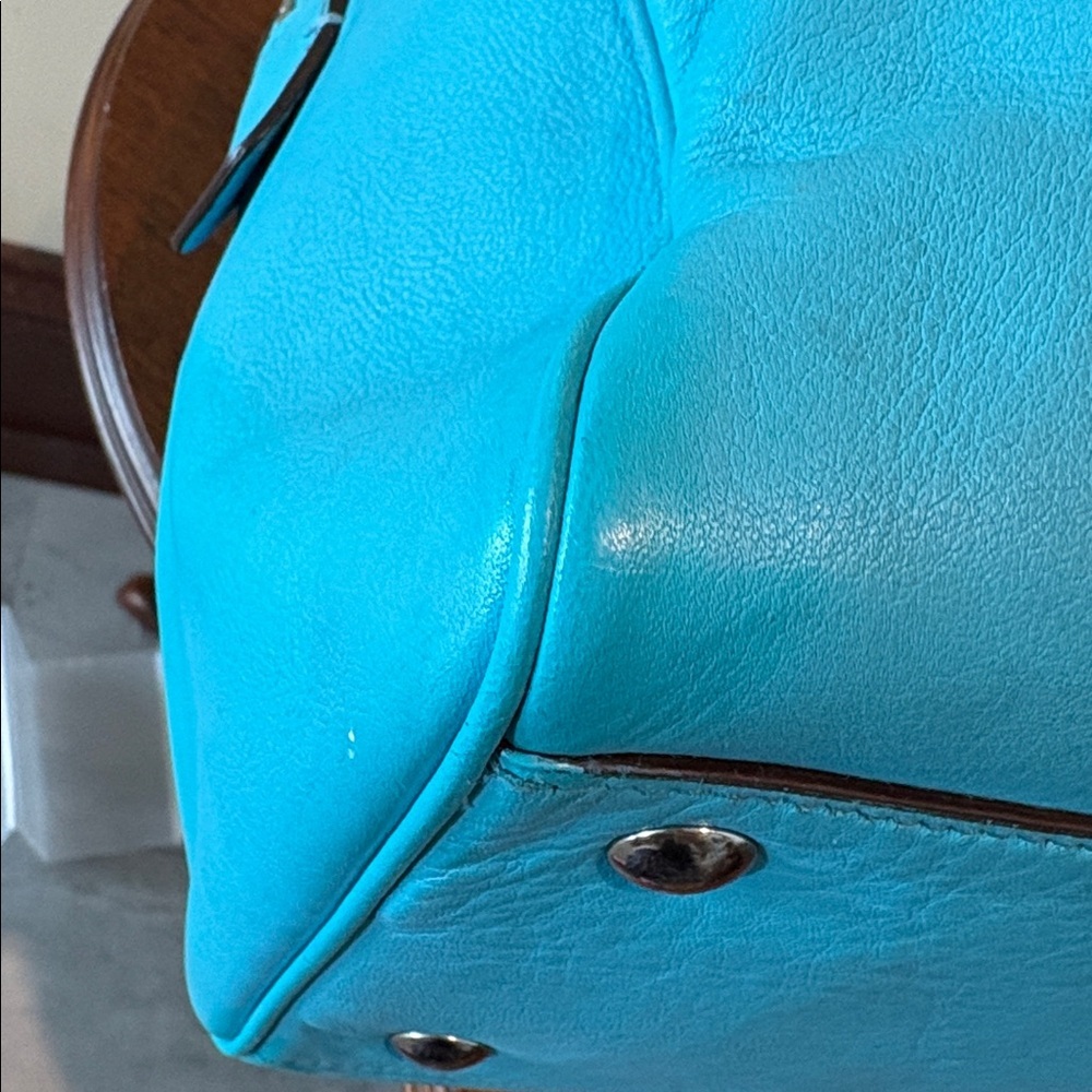 Coach perforated leather Haley Satchel turquoise/white tassels & hangtag Exce - Picture 10 of 17